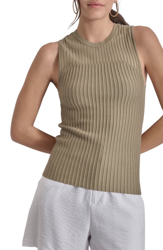 Shop Dkny Stripe Sheer Yoke Sleeveless Sweater In Light Fatigue