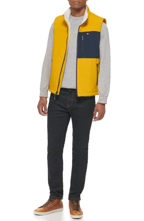 Tommy Hilfiger Water Resistant Faux Shearling Lined Quilted Vest In Yellow/navy
