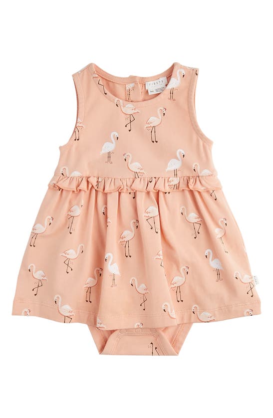 Shop Firsts By Petit Lem Flamingo Print Stretch Organic Cotton Skirted Bodysuit In Coral