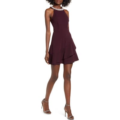 Speechless Beaded Neck Halter Fit & Flare Minidress, Purple