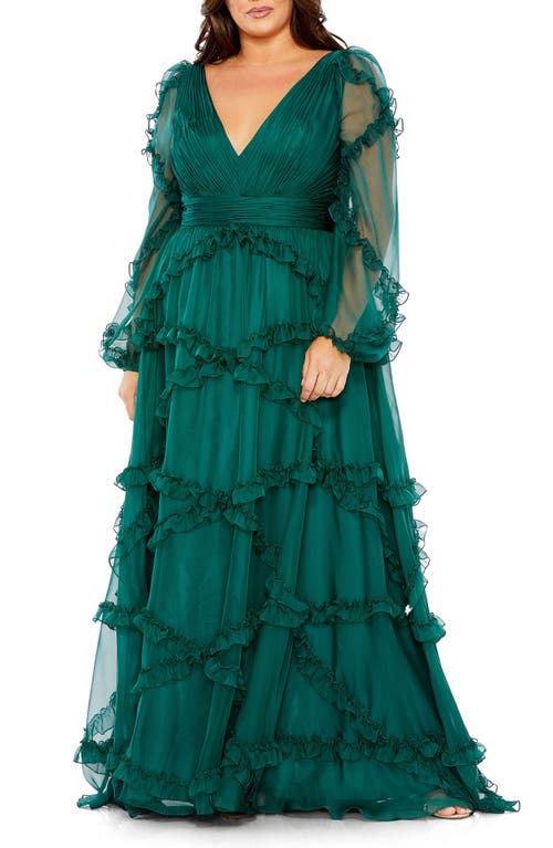 Cascade Ruffle Long Sleeve A-Line Gown in Teal