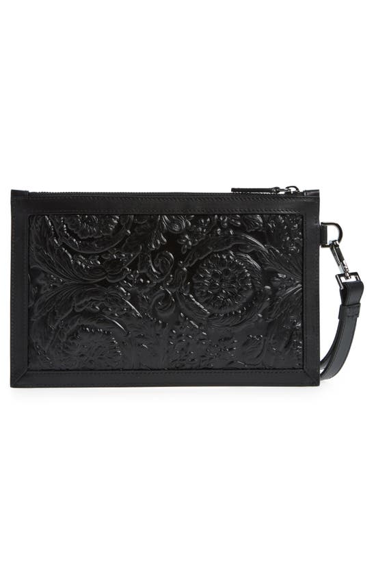 Shop Versace Barocco Embossed Calfskin Leather Zip Pouch In Black-ruthenium