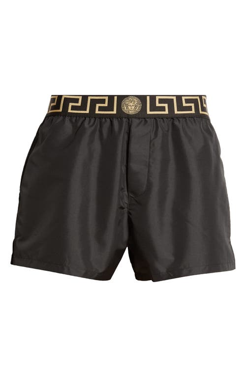 Versace Black Swimsuit Shorts With Greca Detail In Tech Fabric Man In Black Gold Greek Key