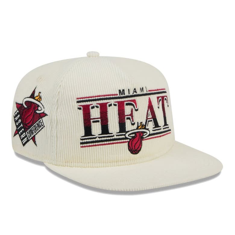 New Era Cream Miami Heat Team Bar Lightweight Corduroy Golfer Snapback Hat In Neutral
