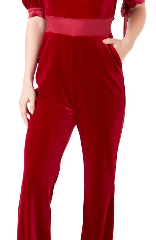 Endless Rose Women's Bow Tie Sleeve Velvet Jumpsuit In Rouge