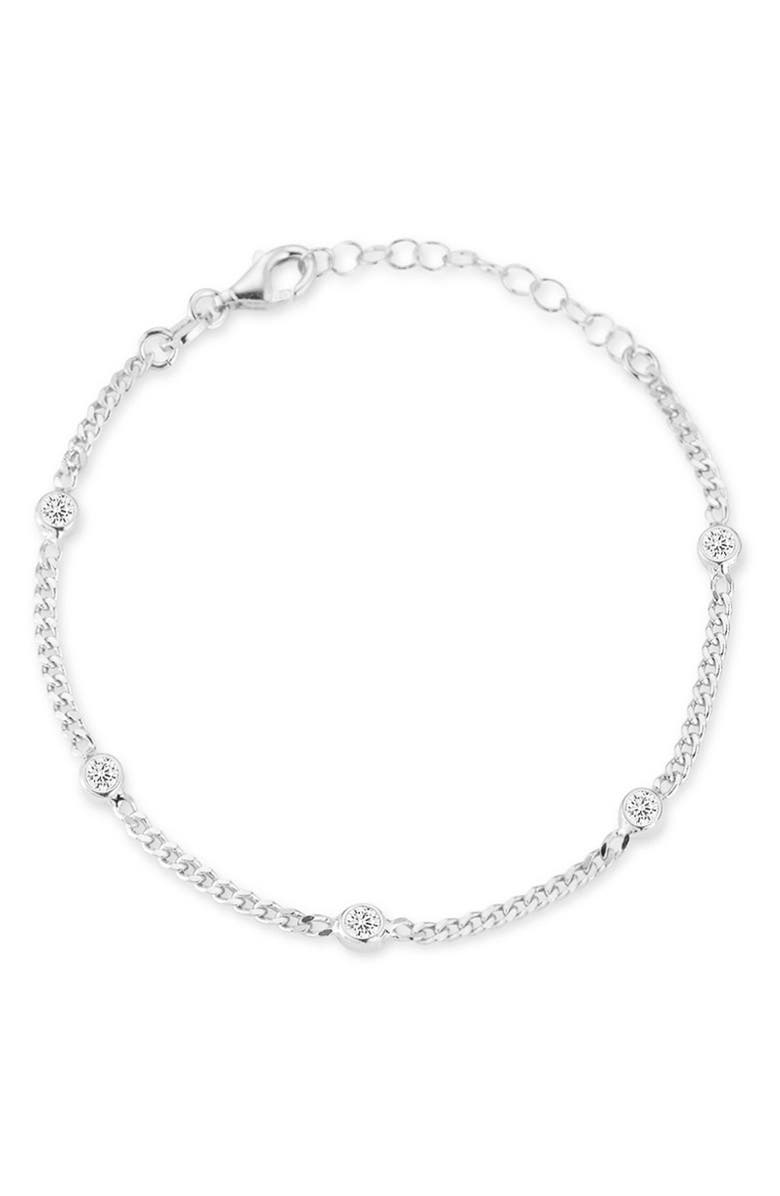 GLAZE JEWELRY Cubic Zirconia Station Curb Chain Bracelet, Main, color, Silver