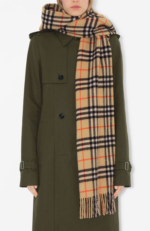 Shop Burberry Check Hooded Cashmere Fringe Scarf In Sand