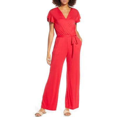 Fraiche By J Flutter Sleeve Jumpsuit, Red
