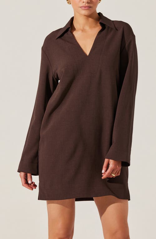 Astr The Label Collar Long Sleeve Shift Dress In Dark Brown