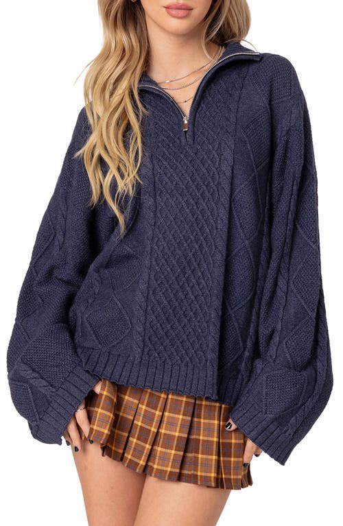 EDIKTED Oversize Cable Stitch Quarter Zip Sweater Navy at Nordstrom,