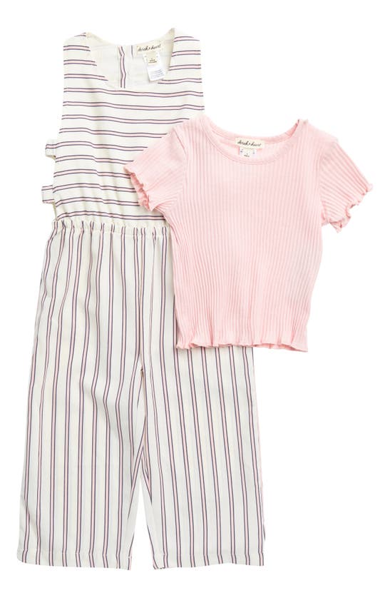 Derek Heart Kids' Striped Jumpsuit & Rib Tee Set In Light Pink Stripe