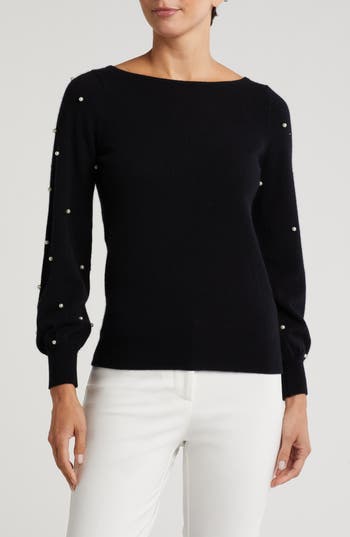 Sofia Cashmere Boat Neck Pearl Sleeve Cashmere Sweater In Black