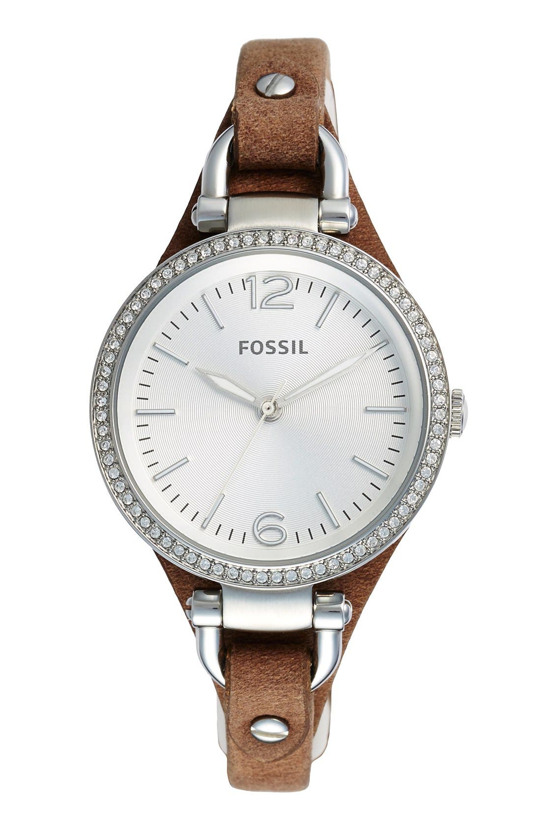 Fossil Boxed Crystal Bezel Leather Strap Watch Set & Bracelet