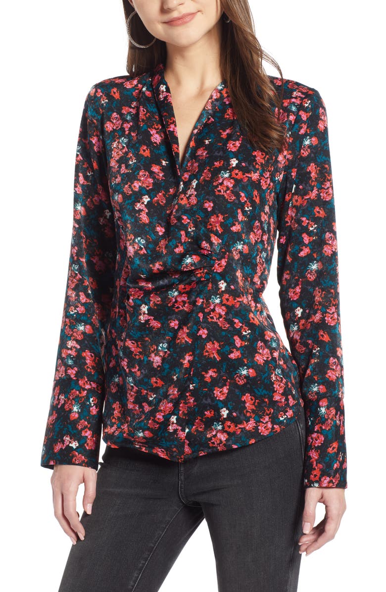 SOMETHING NAVY Draped Front Top, Main, color, PINK ROSEBUD PAINTERLY ROSES