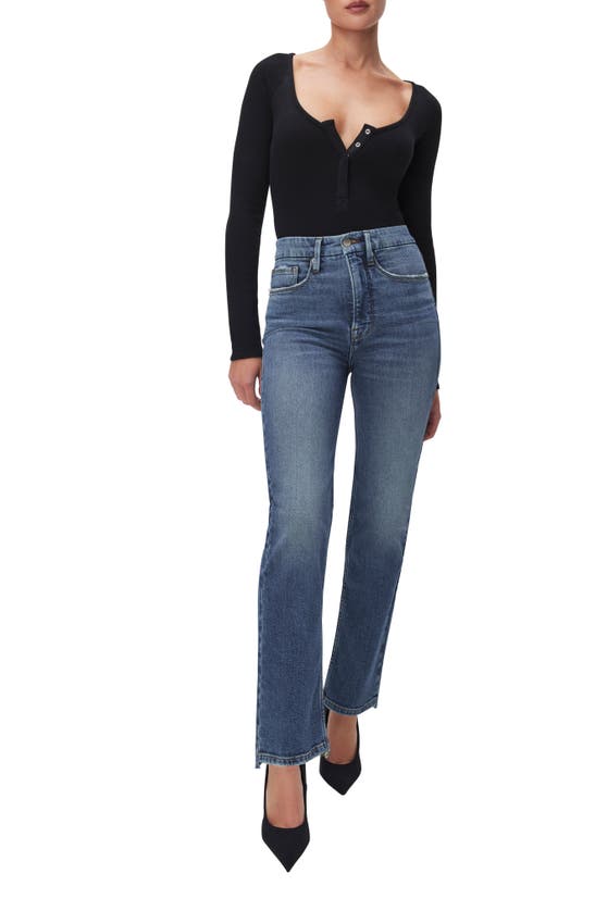 Shop Good American Good Boy Step Hem High Waist Ankle Straight Leg Jeans In Indigo604