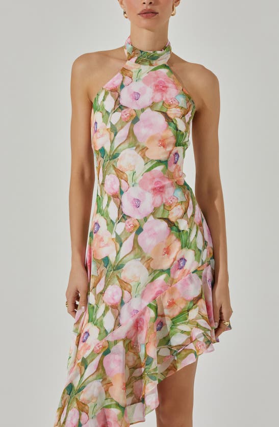 Shop Astr Floral Asymmetric Halter Dress In Pink Green Floral Abstract