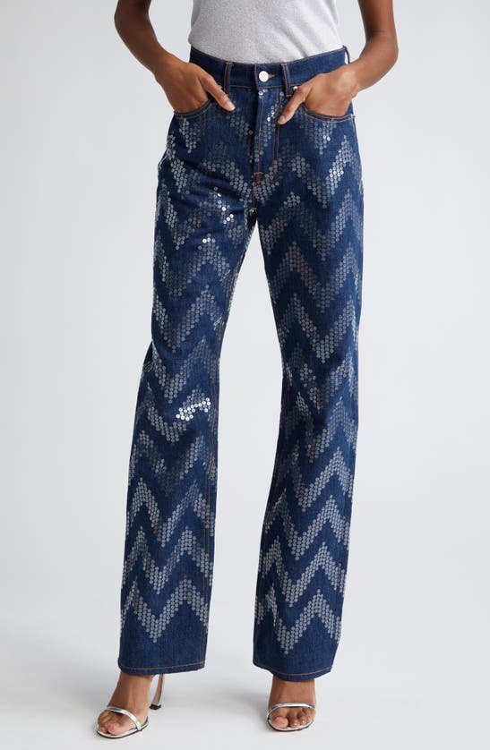 Shop Missoni Sequin Chevron Straight Leg Jeans In Transparent Sequins Dark Blue