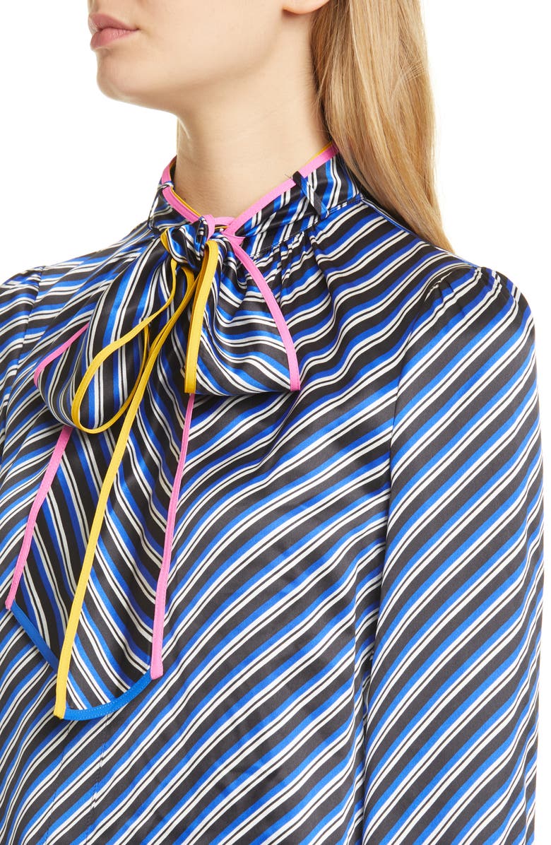 Tory Burch Bias Stripe Contrast Binding Silk Bow Blouse, Alternate, color, 