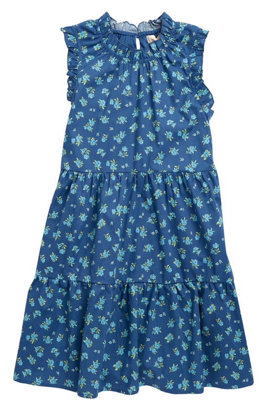 Shop Walking On Sunshine Kids' Floral Ruffle Tiered Stretch Cotton Dress In Denim Print