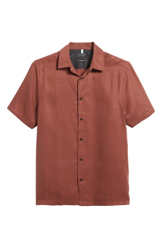 Shop Ted Baker Regular Fit Solid Short Sleeve Button-up Shirt In Dark Brown