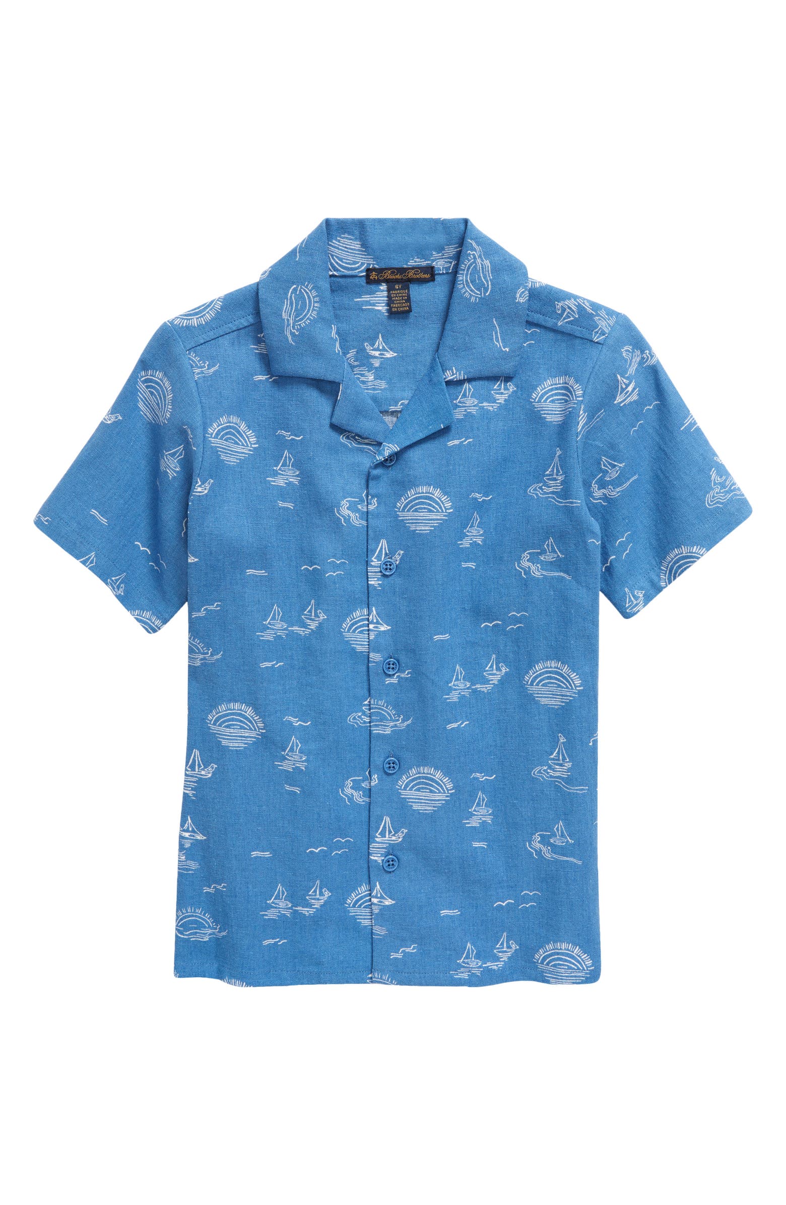 Sailboat Print Short Sleeve Linen Blend Button-Up Shirt