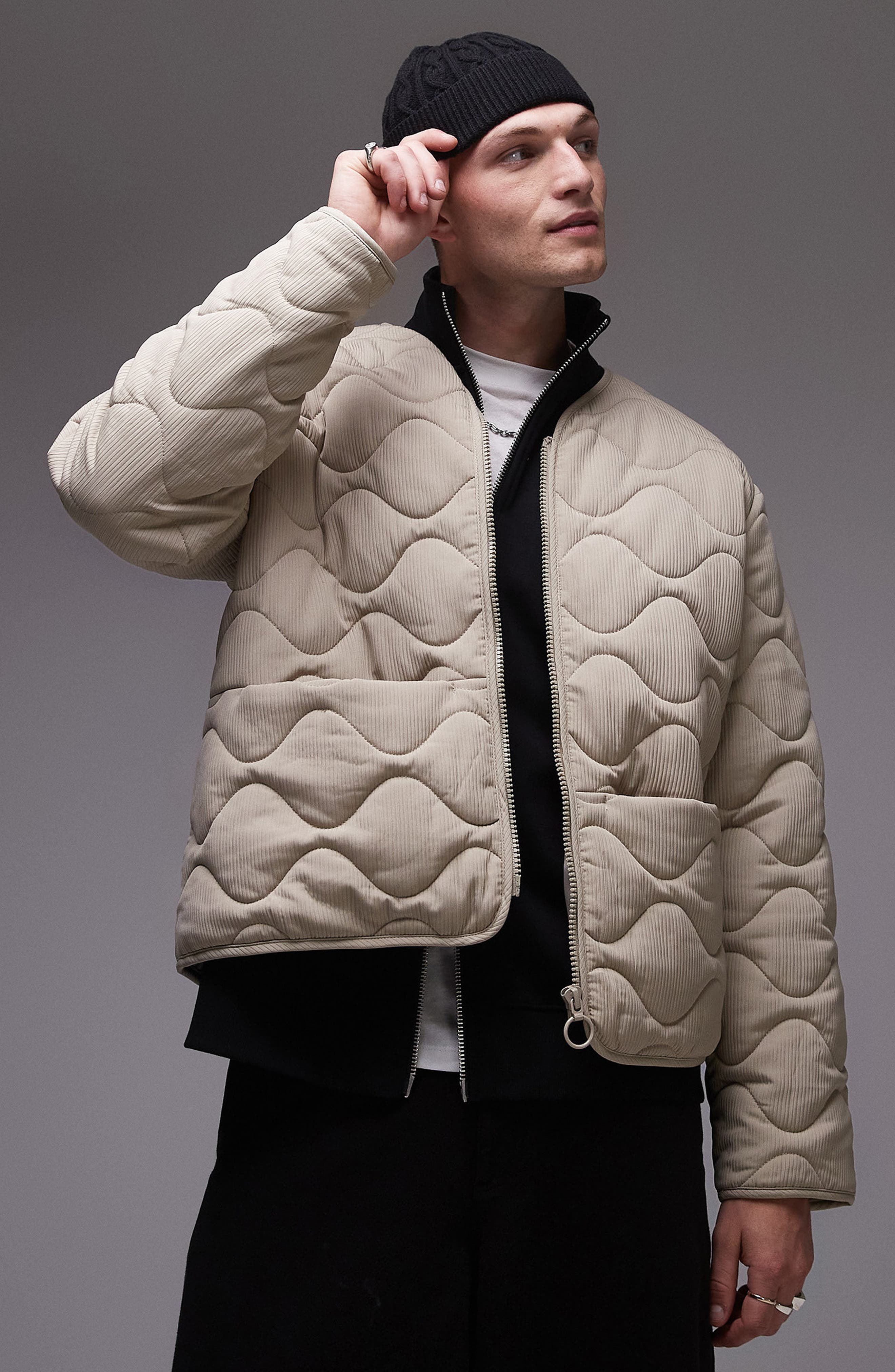 Topman Quilted Bomber Jacket in Light Grey 
