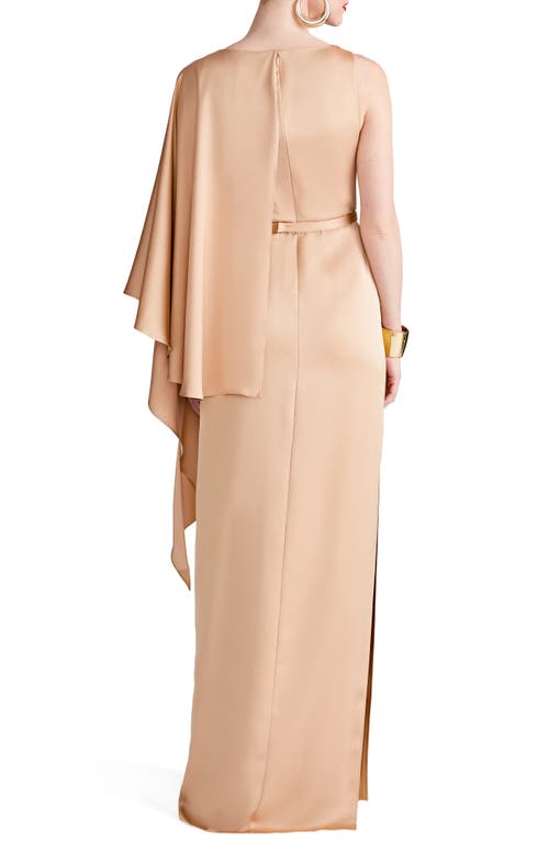 Shop Halston Rhiannon Belted Satin Column Gown In Tan Beige