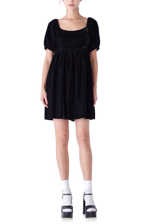 Shop English Factory Puff Sleeve Velvet Babydoll Dress In Black