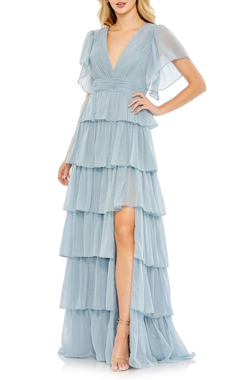 Ieena for Mac Duggal Metallic Flutter Sleeve Ruffle Tiered Gown at Nordstrom,