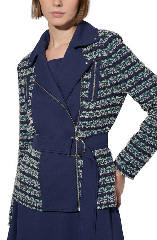 Shop Ming Wang Belted Mixed Media Moto Jacket In Regatta/multi