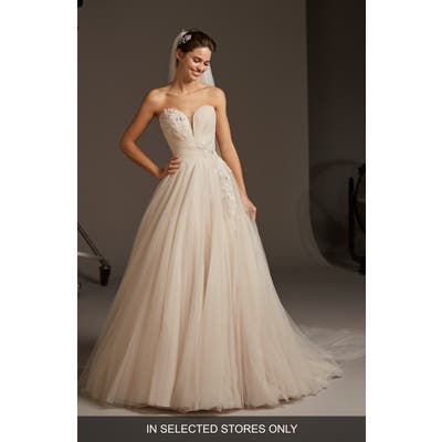 Pronovias Lacerta Strapless Tulle A-Line Wedding Dress, Size - Pink