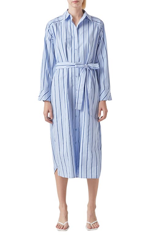 Stripe Long Sleeve Maxi Shirtdress in Powder Blue/Navy