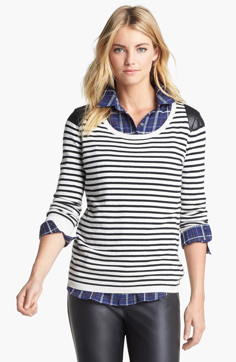 Two by Vince Camuto Faux Leather Shoulder Stripe Sweater | Nordstrom