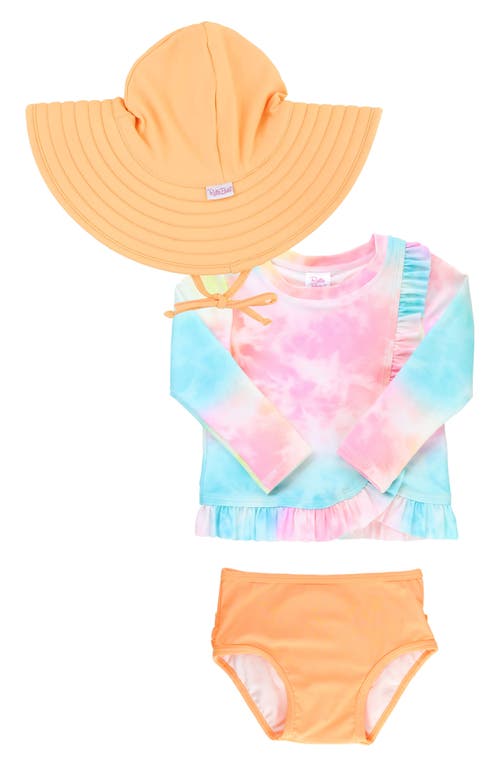 RuffleButts Rainbow Tie Dye Long Sleeve Two-Piece Rashguard Swimsuit & Hat Set in Pink Multi