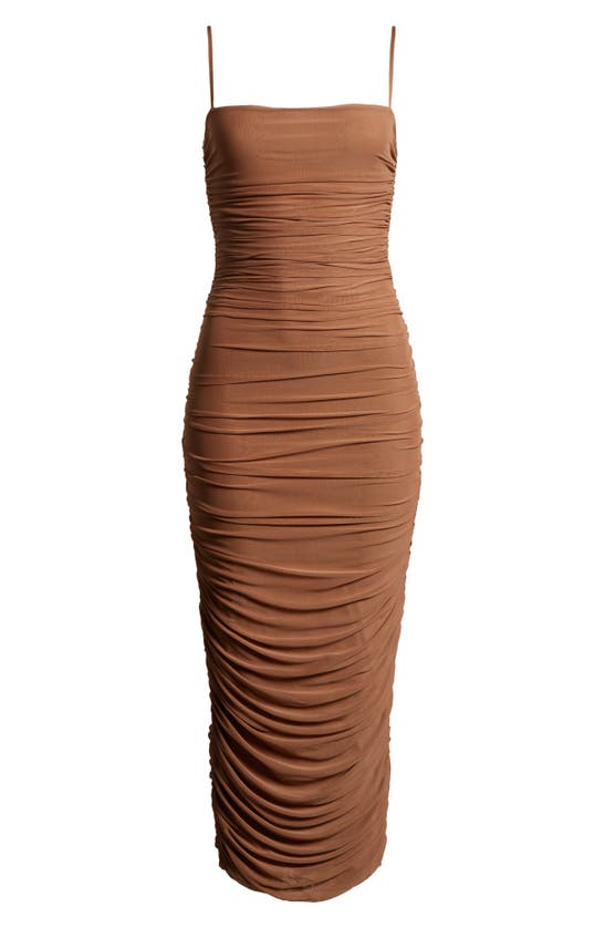 Shop Afrm Hazel Ruched Mesh Midi Body-con Dress In Raw Umber