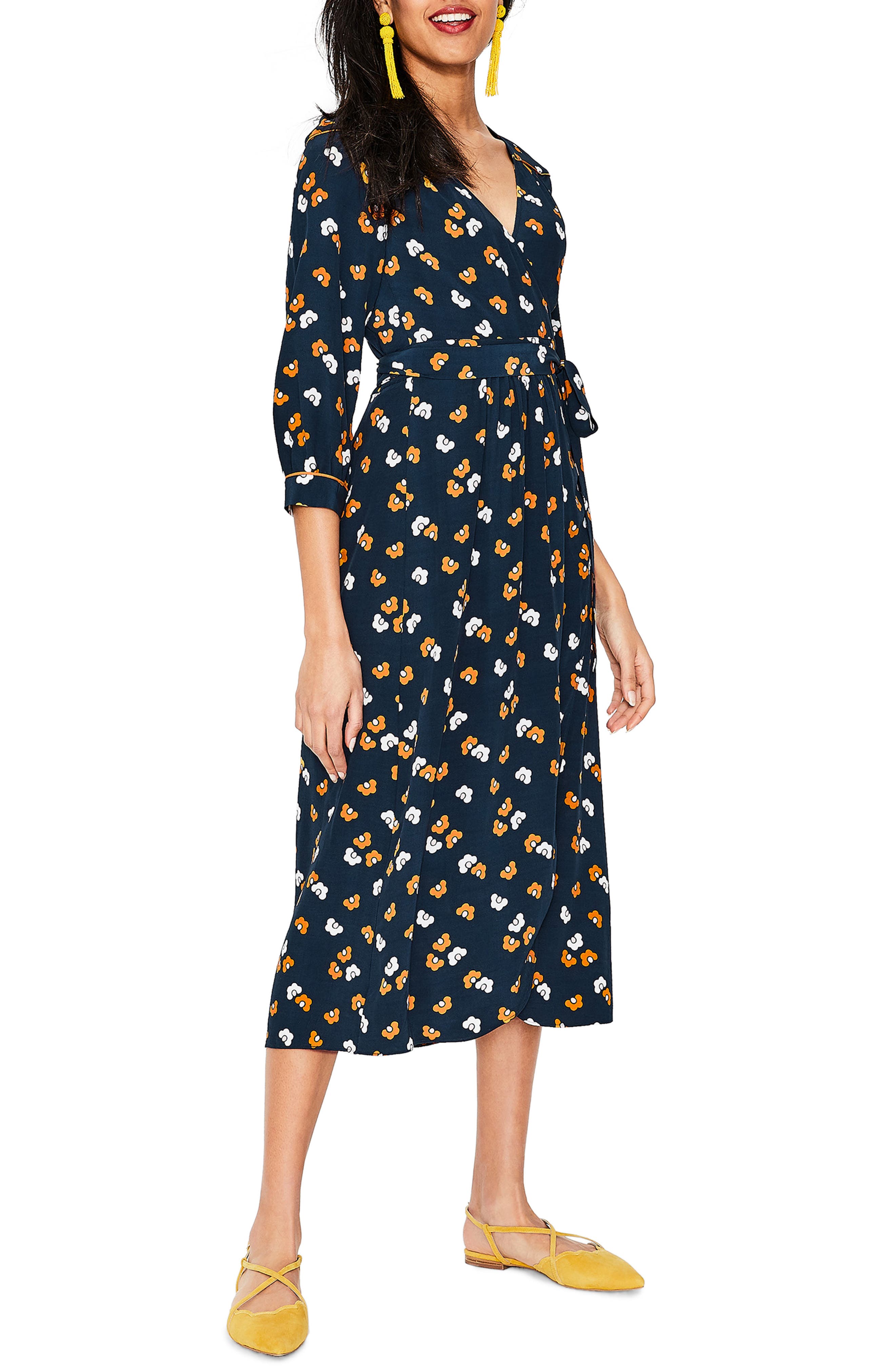 Petite Boden Floris Mod Floral Print Wrap Dress, Blue