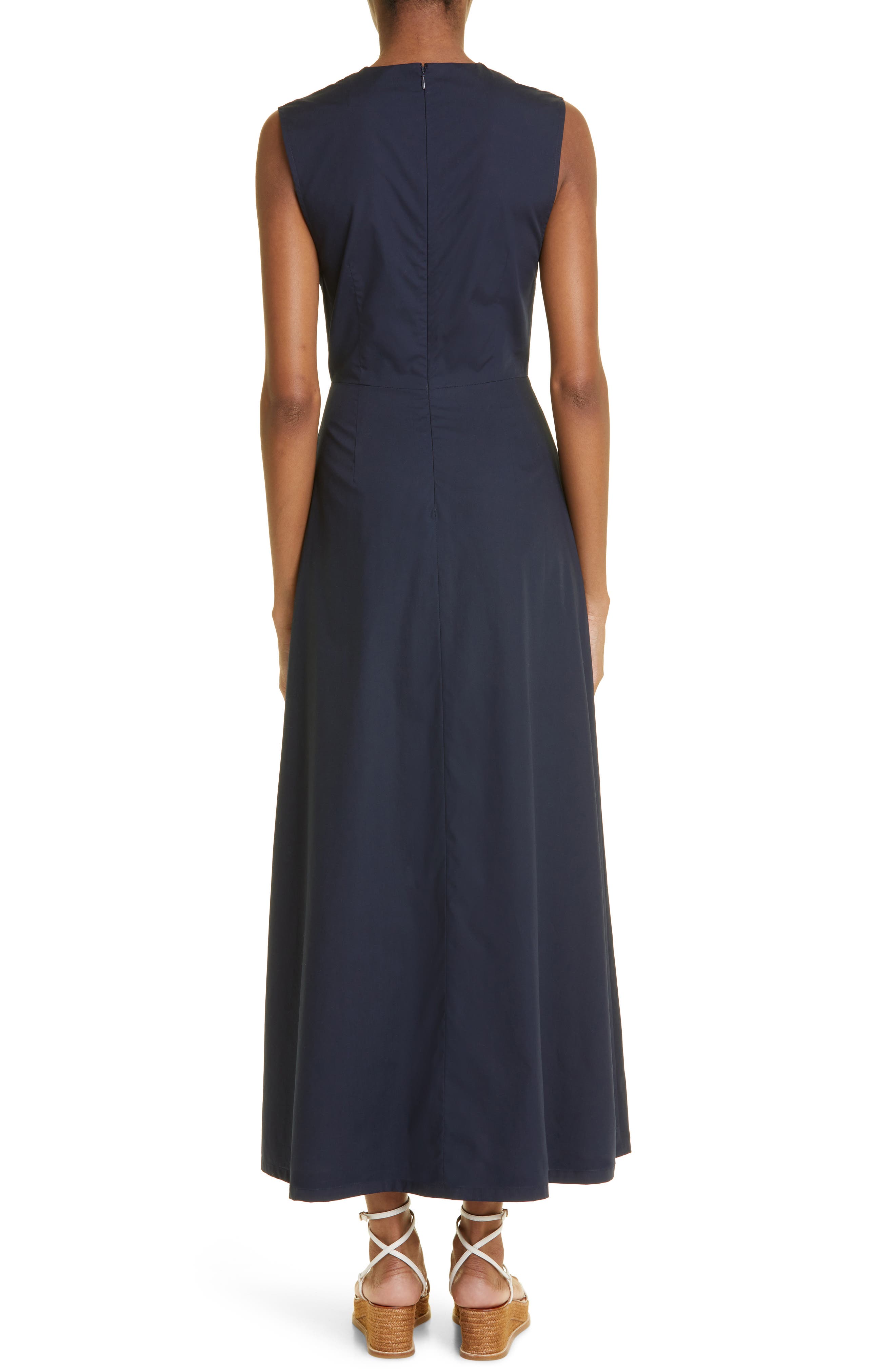 Lela Rose Sleeveless Stretch Cotton Faux Wrap Midi Dress in Navy