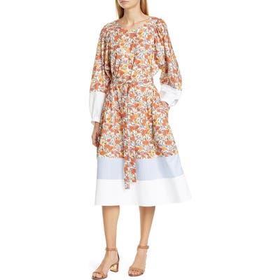 Tory Burch Mix Pattern Long Sleeve Cotton Dress, Ivory