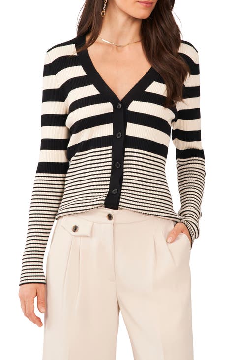 Women's White Horizontal Striped Open Cardigan, Beige V-neck T