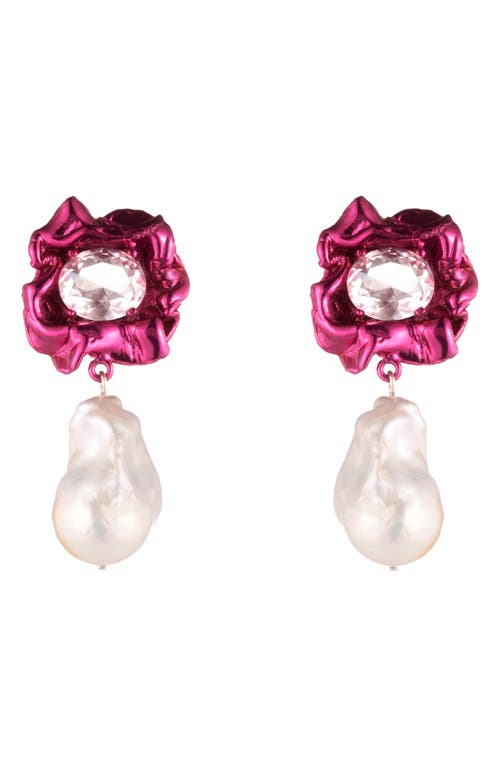 Lola Floral Baroque Pearl Drop Earrings in Fuchsia