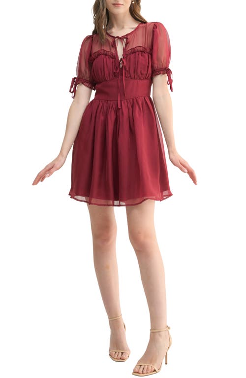 All in Favor Puff Sleeve Chiffon Minidress in Burgundy 