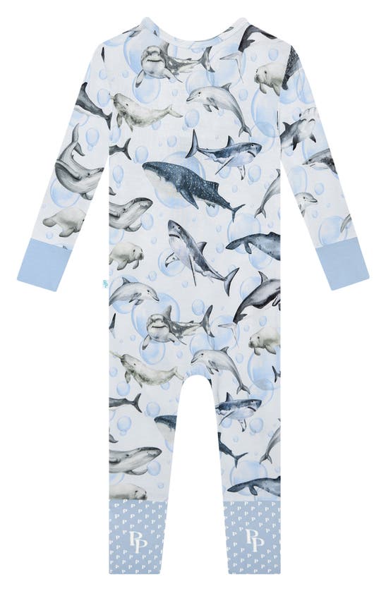 Shop Posh Peanut Sharkly Fitted Convertible Footie Pajamas In Open Blue