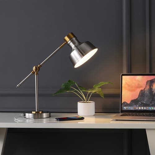 Jonathan Y Allegra Classic Farmhouse Adjustable Cantilever Led Task Lamp With Usb Charging Port In Nickel/brass Gold