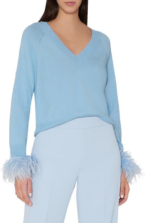 Shop Milly Feather Cuff V-neck Sweater In Ice Blue