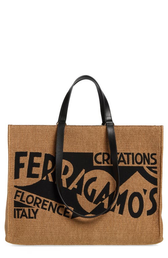 Shop Ferragamo Signature Canvas Pouch Tote In Brown/ Nero