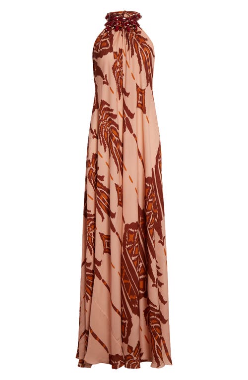 Shop Johanna Ortiz Song Embellished Silk Halter Maxi Dress In Apacheria Salmon-wine-orange