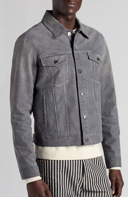 Shop Bottega Veneta Denim Print Leather Trucker Jacket In Mid Grey