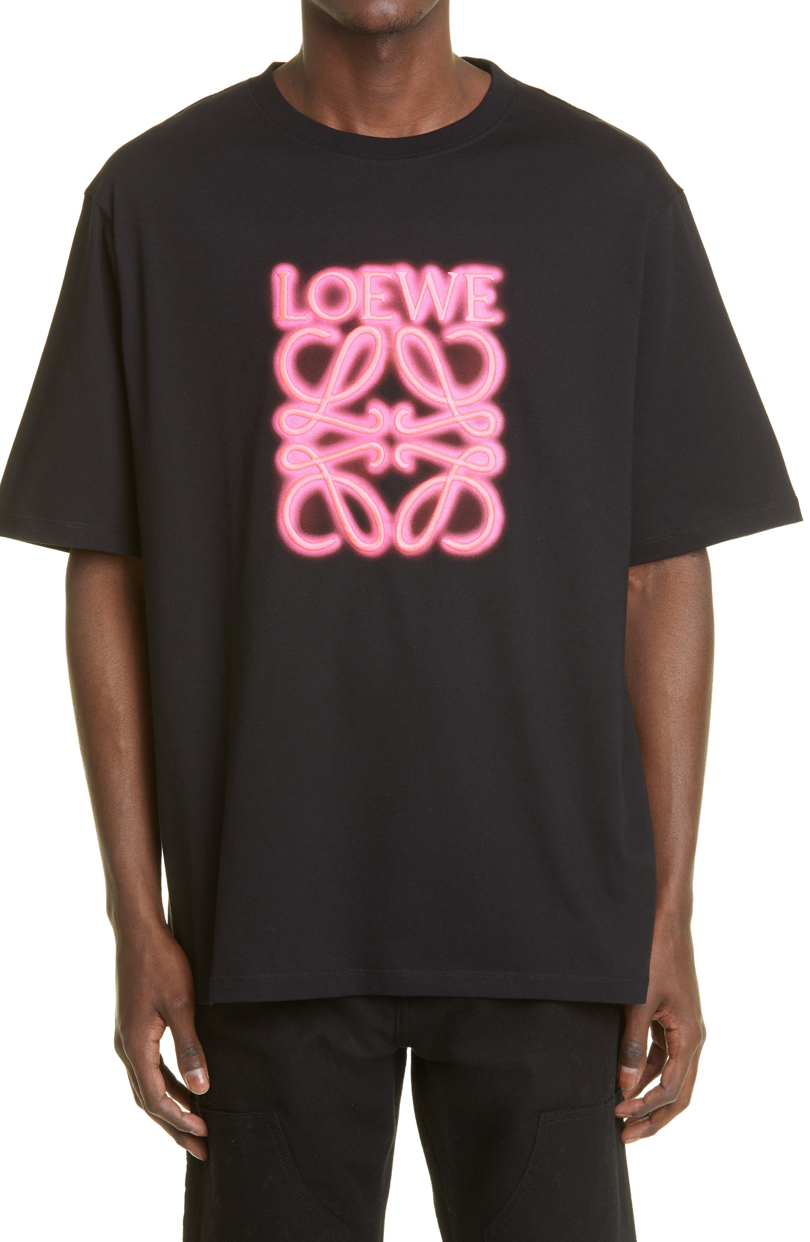 Loewe Men's Neon Anagram Logo Embroidered Cotton T-Shirt in Black/Fluorescent Pink at Nordstrom, Size Large