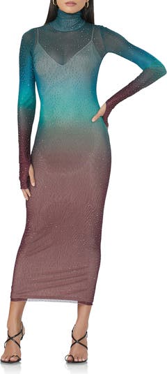 AFRM Shailene Rhinestone Long Sleeve Sheer Dress | Nordstrom