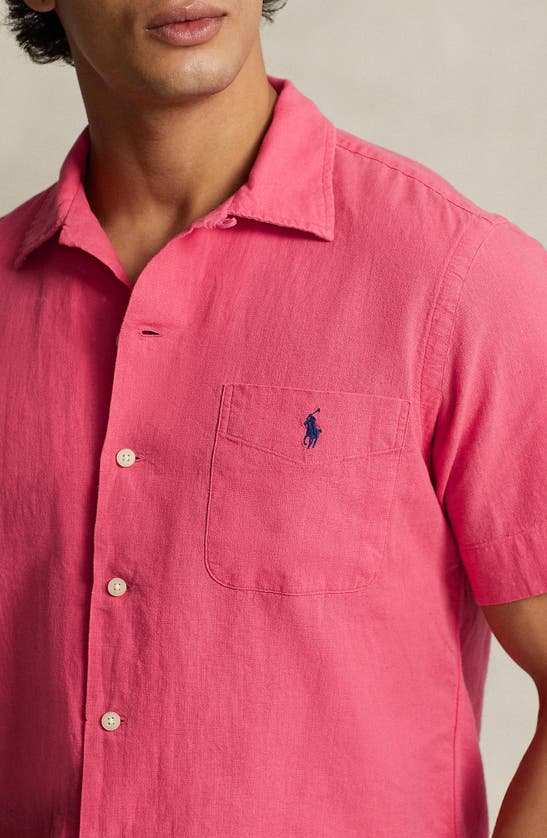 Shop Polo Ralph Lauren Linen Blend Camp Shirt In Pale Red